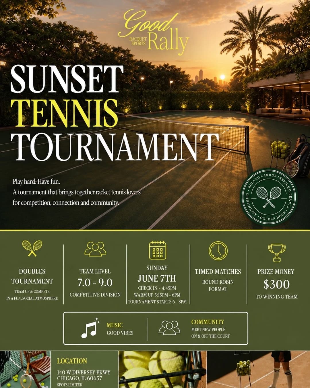 Wimbledon Inspired Sunset Tennis Tournament 🎾🏆 hosted by Good Rally — outdoor activities in Chicago