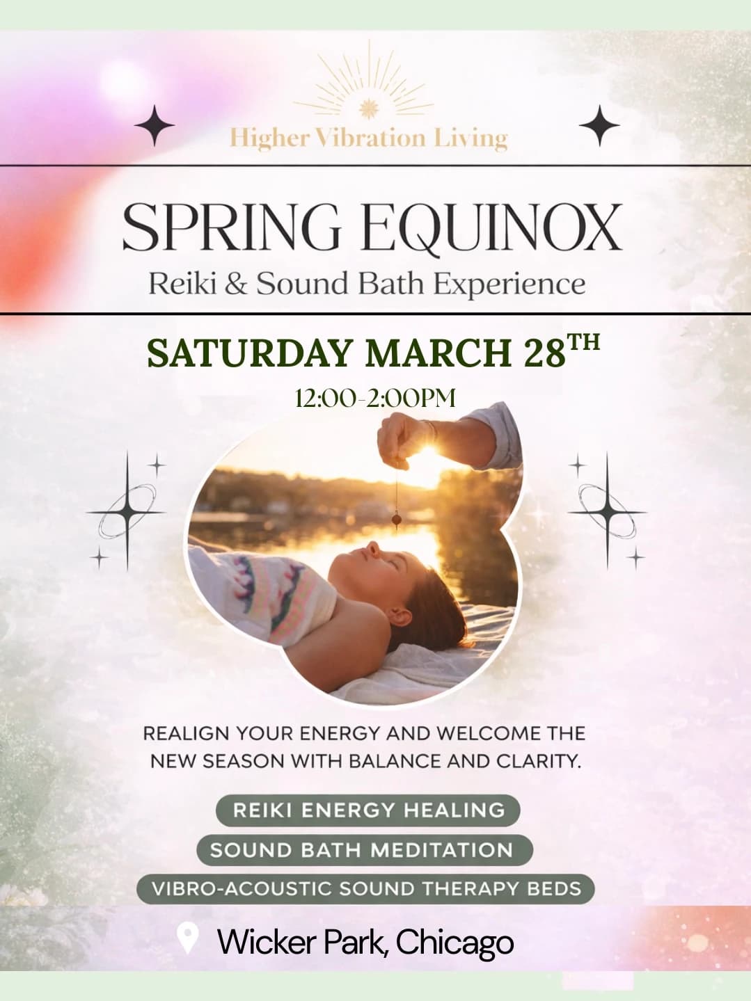 🌸 Spring Equinox Reiki & Sound Bath Experience hosted by Higher Vibration Living — wellness events in Chicago