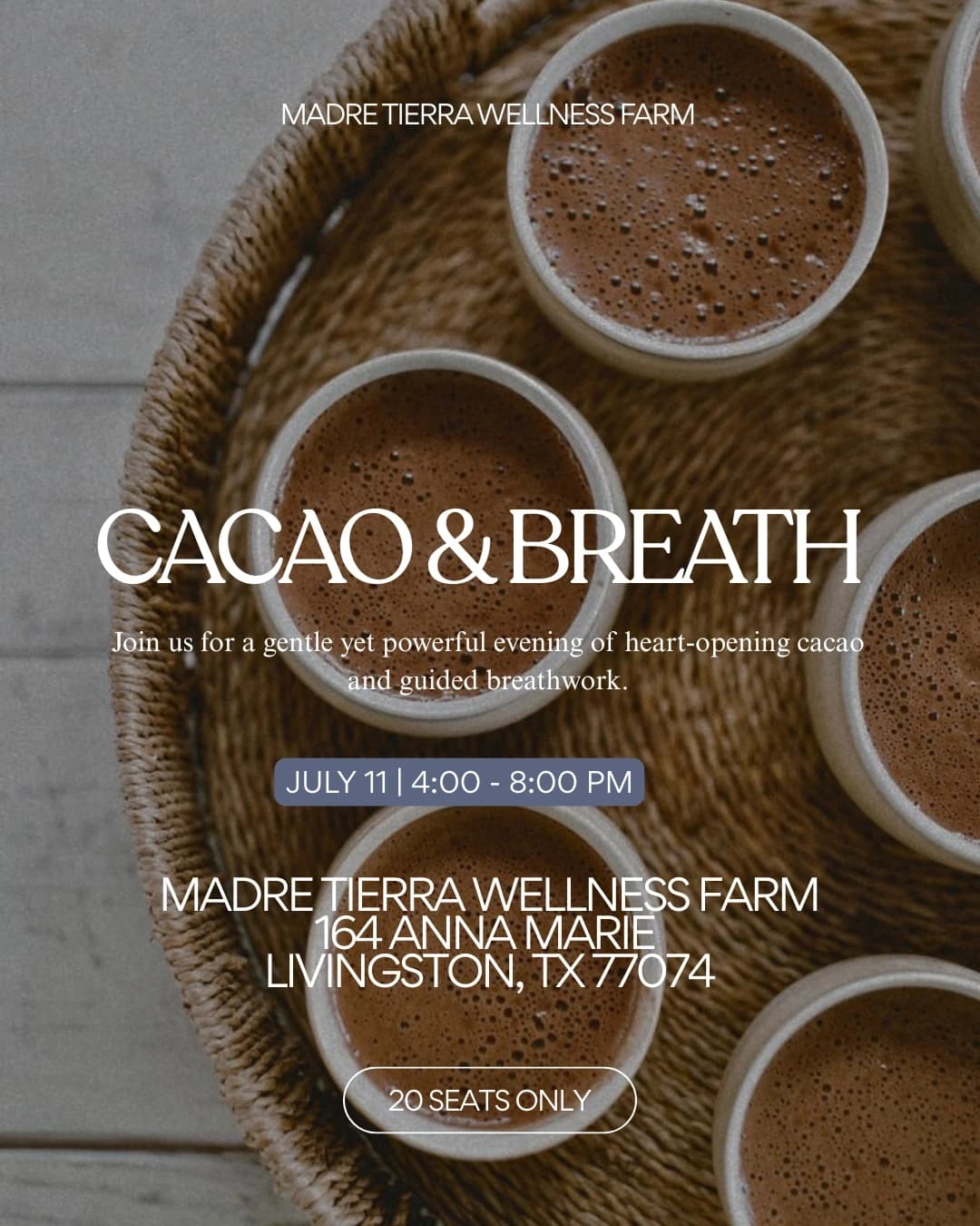Cacao & Breath hosted by Madre Tierra Wellness Farm Community by Mayra Leal — spa recovery in Livingston