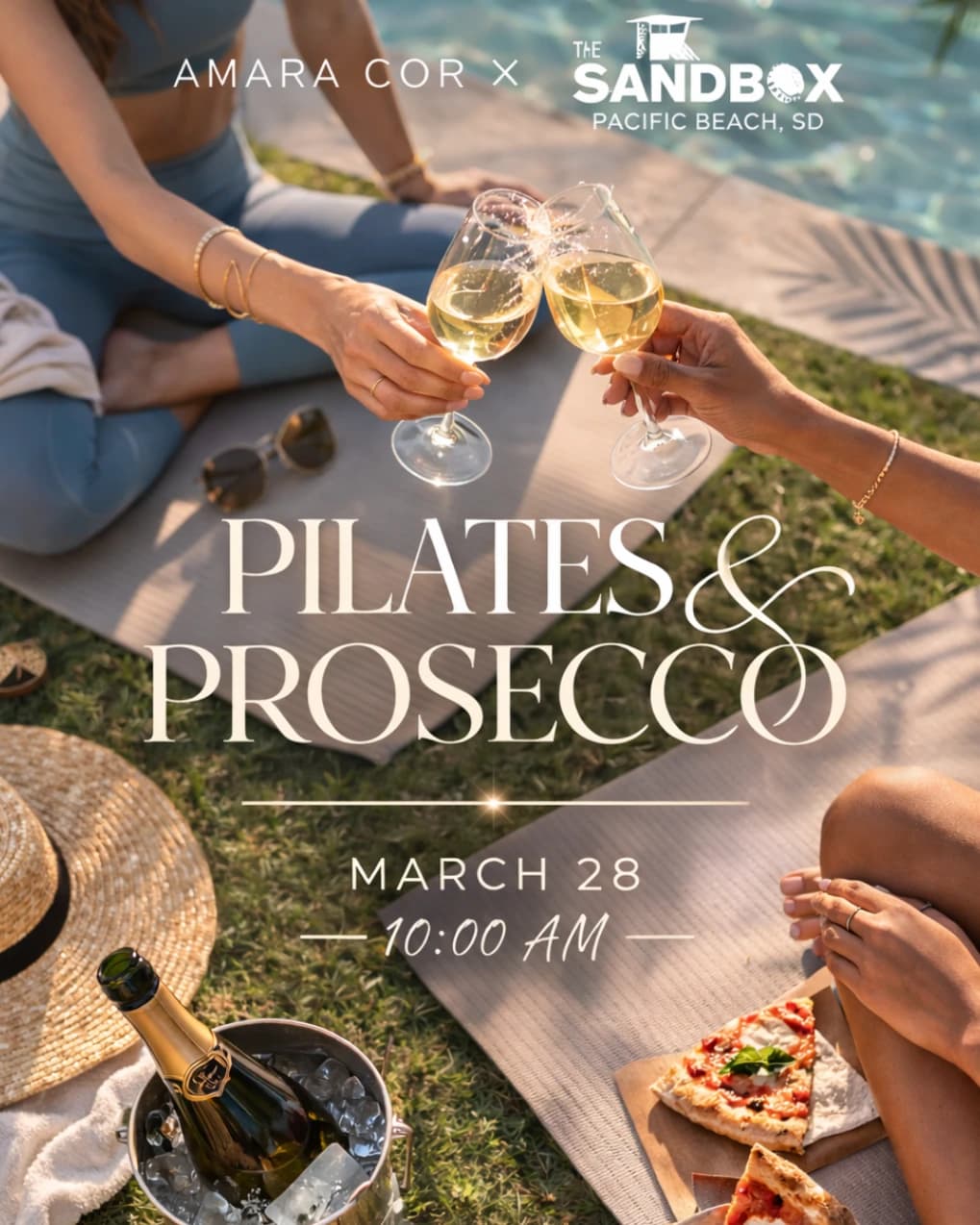 Pilates & Prosecco at Sandbox 🥂🍕 hosted by Amara Cor — social events in San Diego