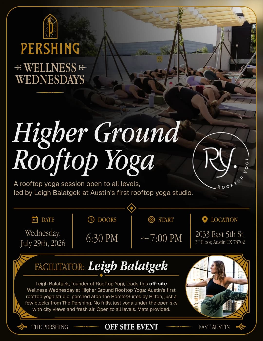 Wellness Wednesdays at The Pershing | Higher Ground Rooftop Yoga with Leigh hosted by The Focus Room — yoga classes in Austin