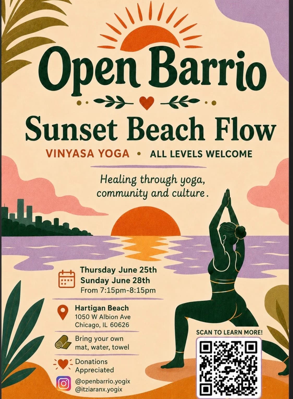 Sunset Beach Yoga: Hartigan Beach hosted by OPEN BARRIO — yoga classes in Chicago