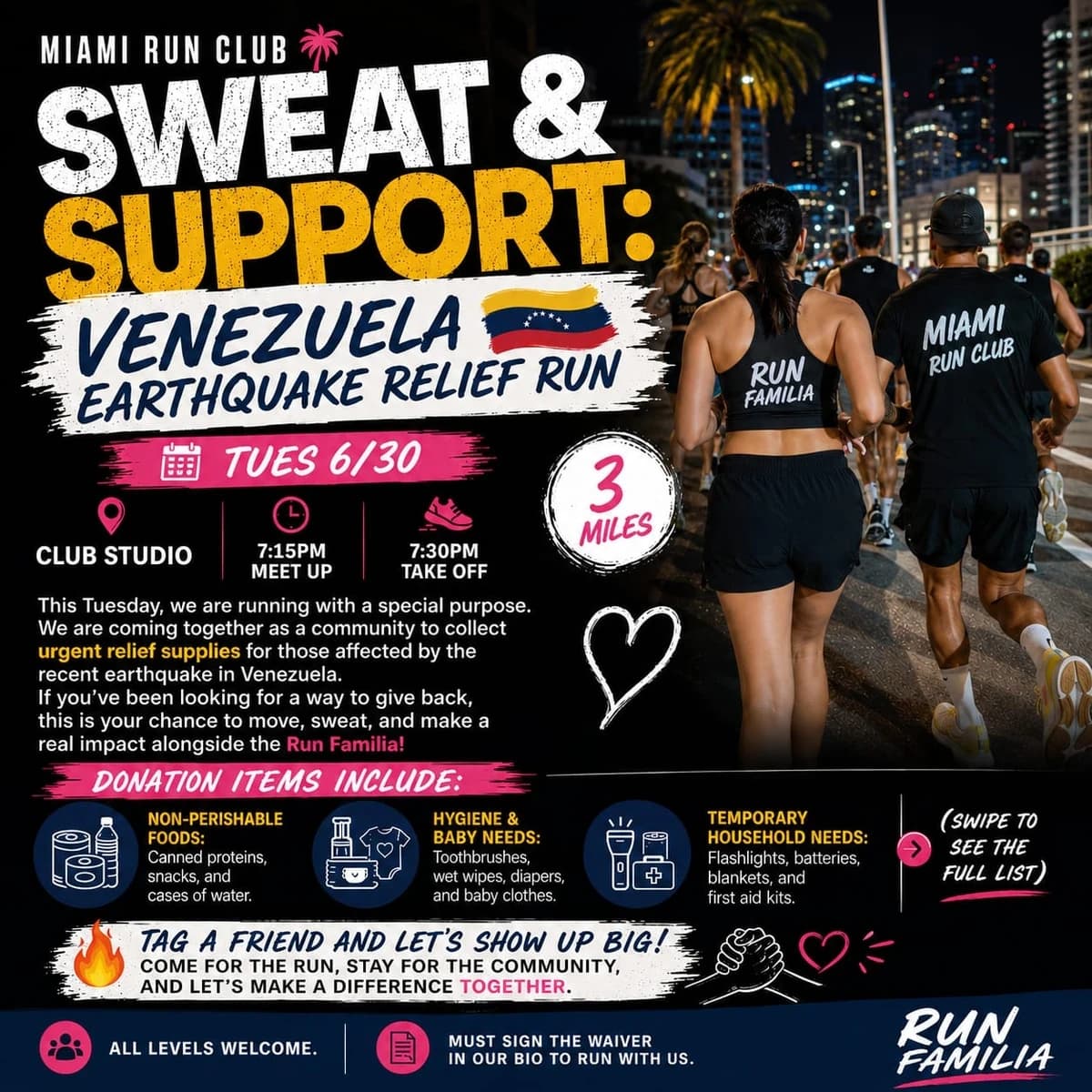 Sweat & Support: Venezuela Earthquake Relief Run hosted by 305 Wellness Club — fitness events in Miami