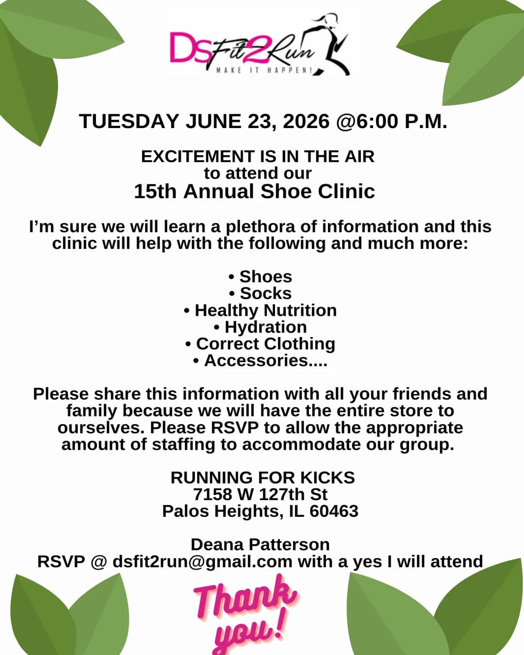 DSFIT2RUN                    15th Annual Shoe Clinic   hosted by DSFIT2RUN — run clubs in Palos Heights